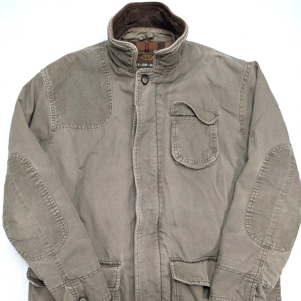 GAP Out-of-Doors Mens Medium Olive Grunge Field Jacket Leather Trim Plaid